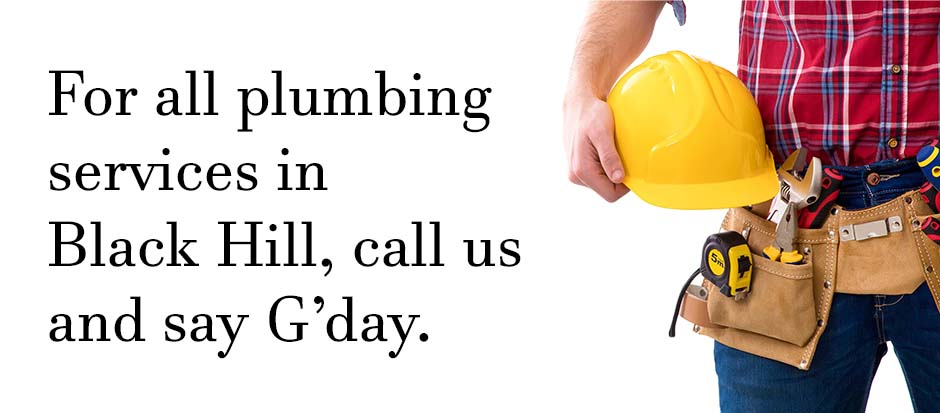 Plumber standing with tools on a white background with text relating to Black Hill plumbing services