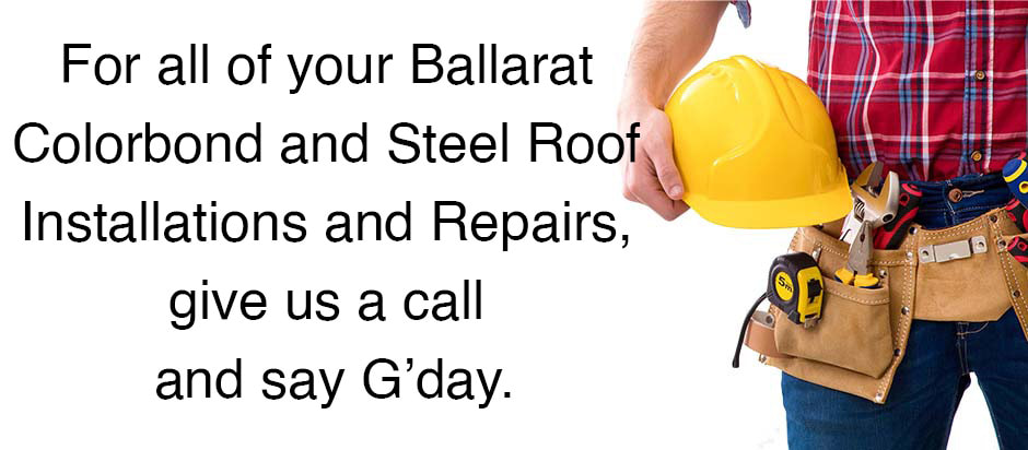 Plumber standing with tools on a white background with text relating to colorbond steel roof installations and repairs