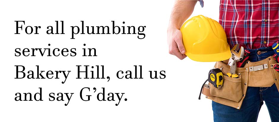 Plumber standing with tools on a white background with text relating to Bakery Hill plumbing services