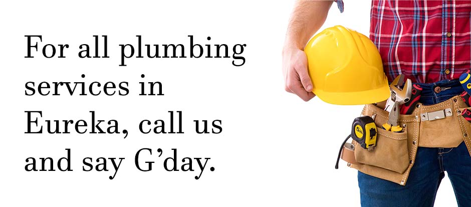 Plumber standing with tools on a white background with text relating to Eureka plumbing services