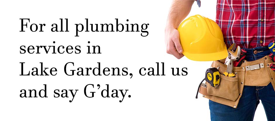 Plumber standing with tools on a white background with text relating to Lake Gardens plumbing services