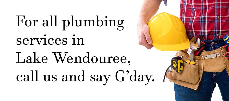 Plumber standing with tools on a white background with text relating to Lake Wendouree plumbing services