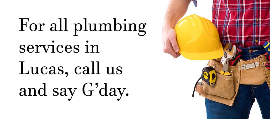 Plumber standing with tools on a white background with text relating to Lucas plumbing services