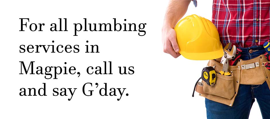 Plumber standing with tools on a white background with text relating to Magpie plumbing services