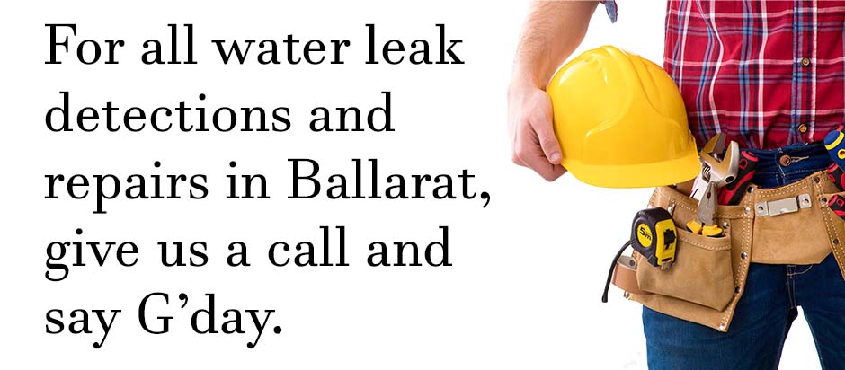 Plumber standing with tools on a white background with text relating to water leak detection and repairs